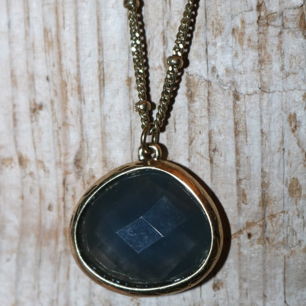 NEW Blue Grey Faceted 1" Oval Opaque Lucite Bead w Antique Gold 16"+ Chain